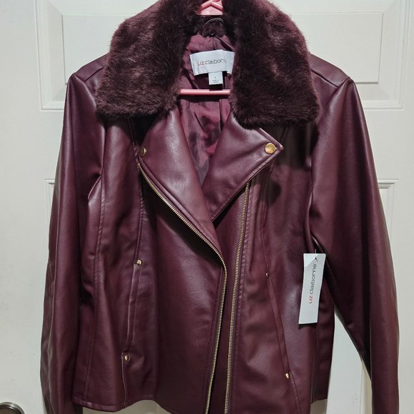 NEW Liz Claiborne Removable Faux Fur Collar Zip Coat size L Faux Leather Maroon - Picture 10 of 15